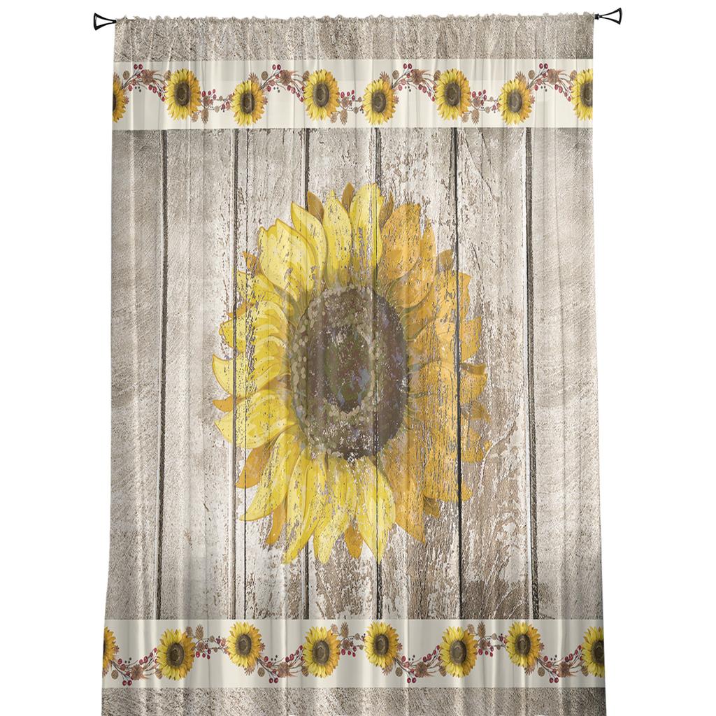 Farm Sunflower Vintage Wood Rustic Tulle Sheer Window Curtains for Living Room Kitchen Children Bedroom Voile Hanging Curtain