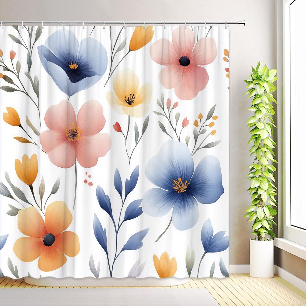 Purple Floral Shower Curtain Watercolor Flower Plants Leaves Butterfly Wildflower Bathroom Decor Fabric Bath Curtains with Hooks