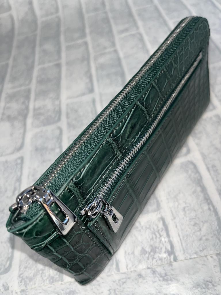 GUODI Genuine Crocodile Leather Matte Crocodile Long Wallet with L-Shaped Zipper, for Men and Women, W169L (Cyprus Green)