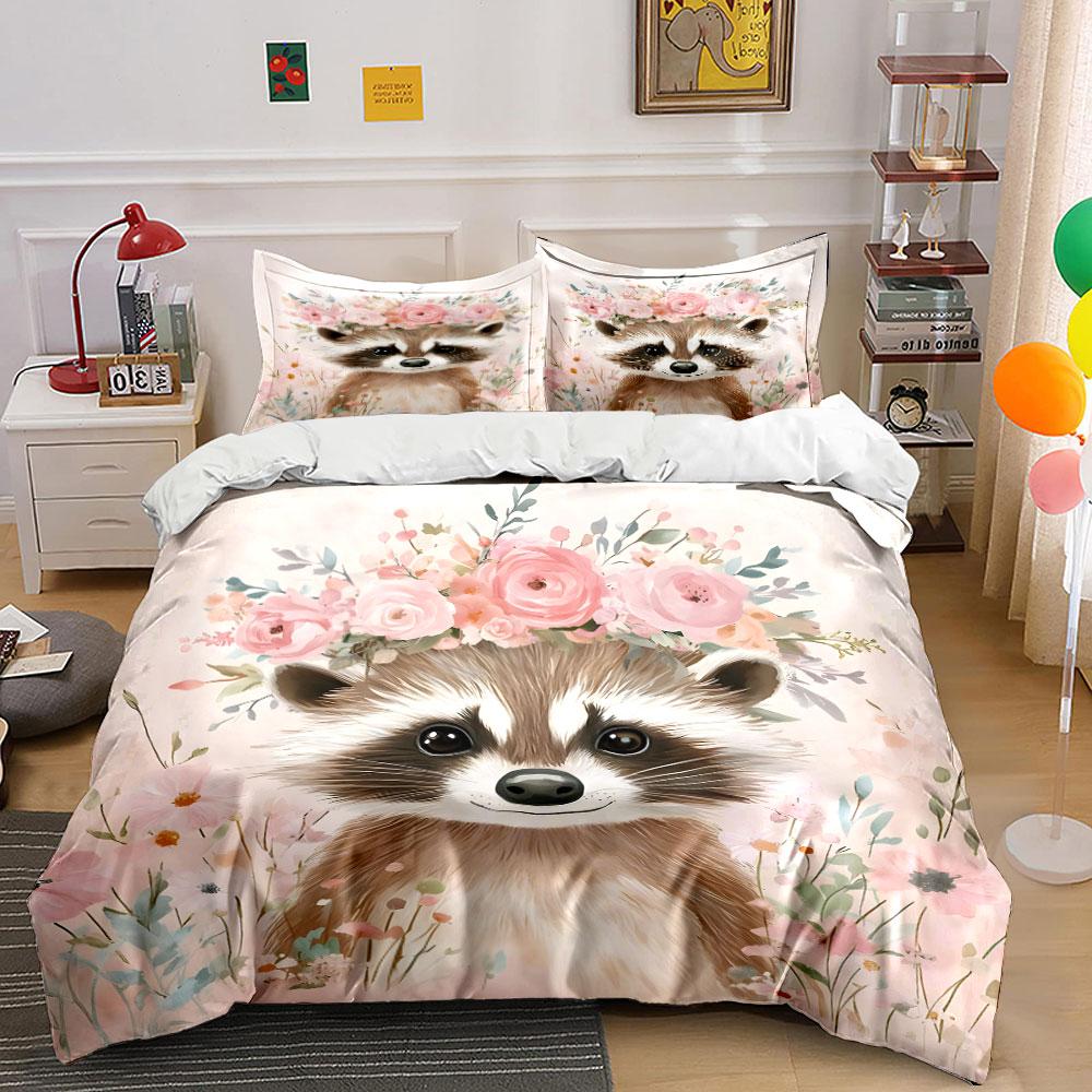 Raccoon with Floral Crown Bedding Duvet Cover Set (1*Duvet Cover 2*Pillowcases, without duvet insert)
