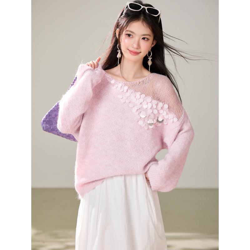 Women's French Sequin V-Neck Knit Sweater - Soft, Fluffy, Versatile