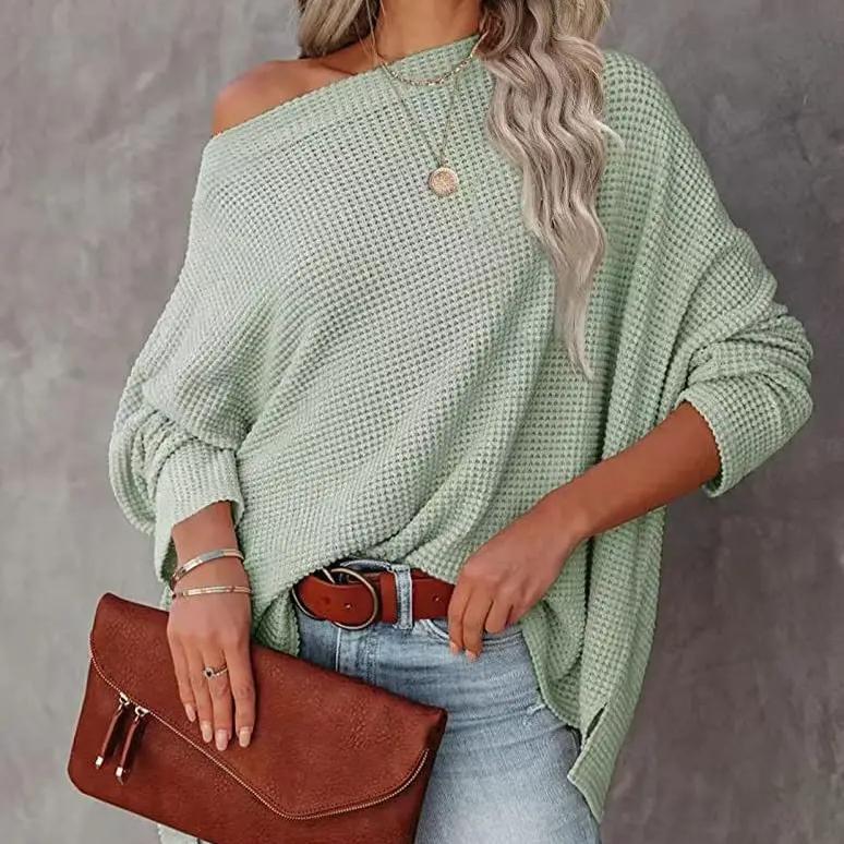 Women's Knitted Sweater Waffle Shoulder Slant Neck 2024 New Autumn Winter Women's Regular Loose Pullover Top