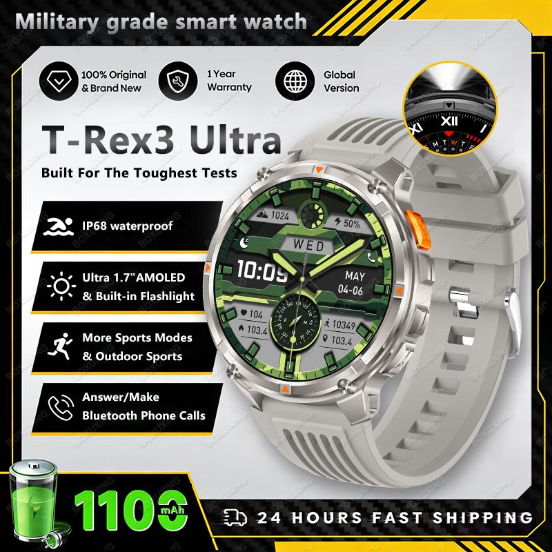New T-Rex3 Ultra Men SmartWatch 1100mAh Battery Compass LED Flashlight Heart Rate Sports Track IP68 Waterproof Smartwatches