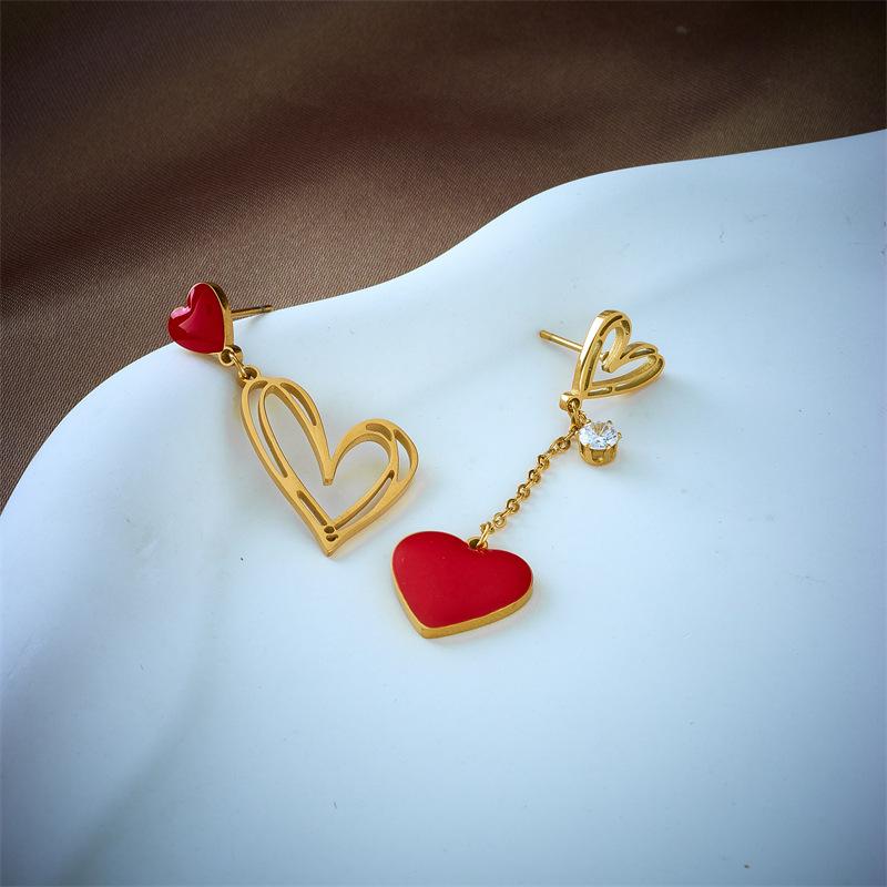 Gold Plated Asymmetric Red Enamel Heart Drop Earrings for Women Stainless Steel