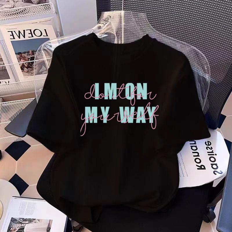 Shoulder Cotton Short-sleeved T-shirt Women's Summer New Fashion Letter Print Crew Neck Black Top