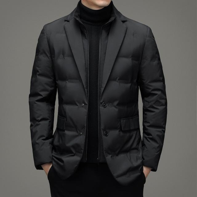 Chaqueta cálida de dos piezas falsa de invierno para hombre, chaqueta cálida de ocio para negocios, chaqueta de plumón con cuello alto