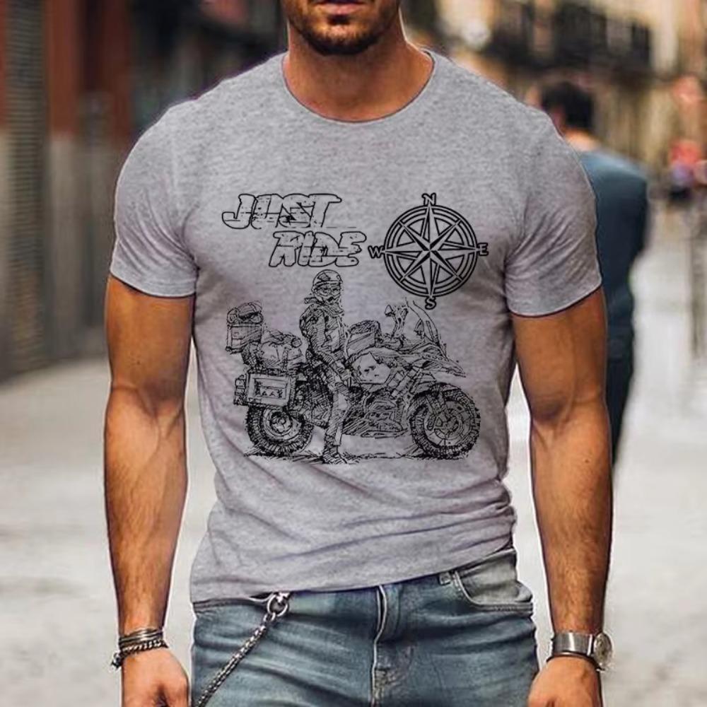 Fashion Summer T-shirts Just Ride Motorcycle with Compass Print Men's T-shirt Street Style Short Sleeve Men Tees