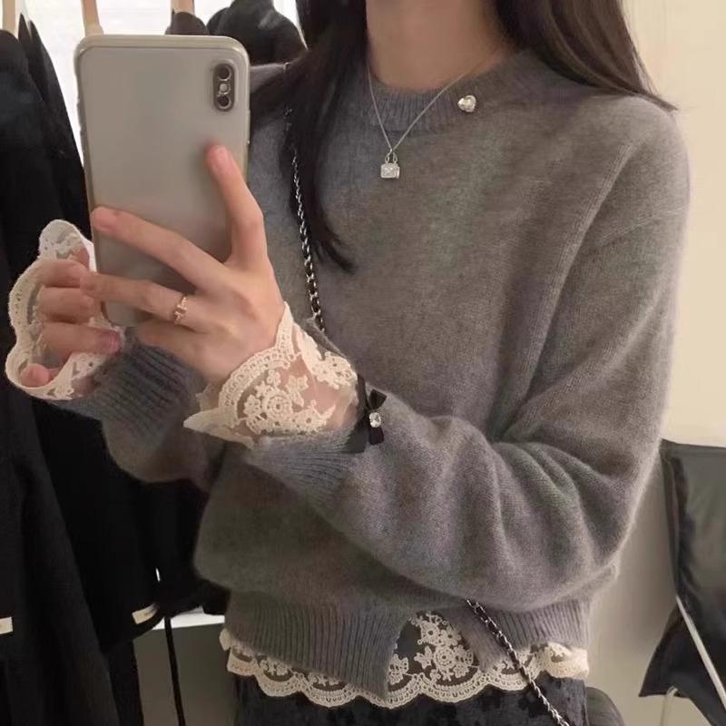 

Новий Зимовий Осінній Жіночий Светр з Довгим Рукавом, Милий, з Круглим Вирізом, Теплий, Модний, Елегантний, Вільний, В язаний Топ з Мереживом, Білий Повсякденний Пуловер, В язаний Одяг one size сірий колір