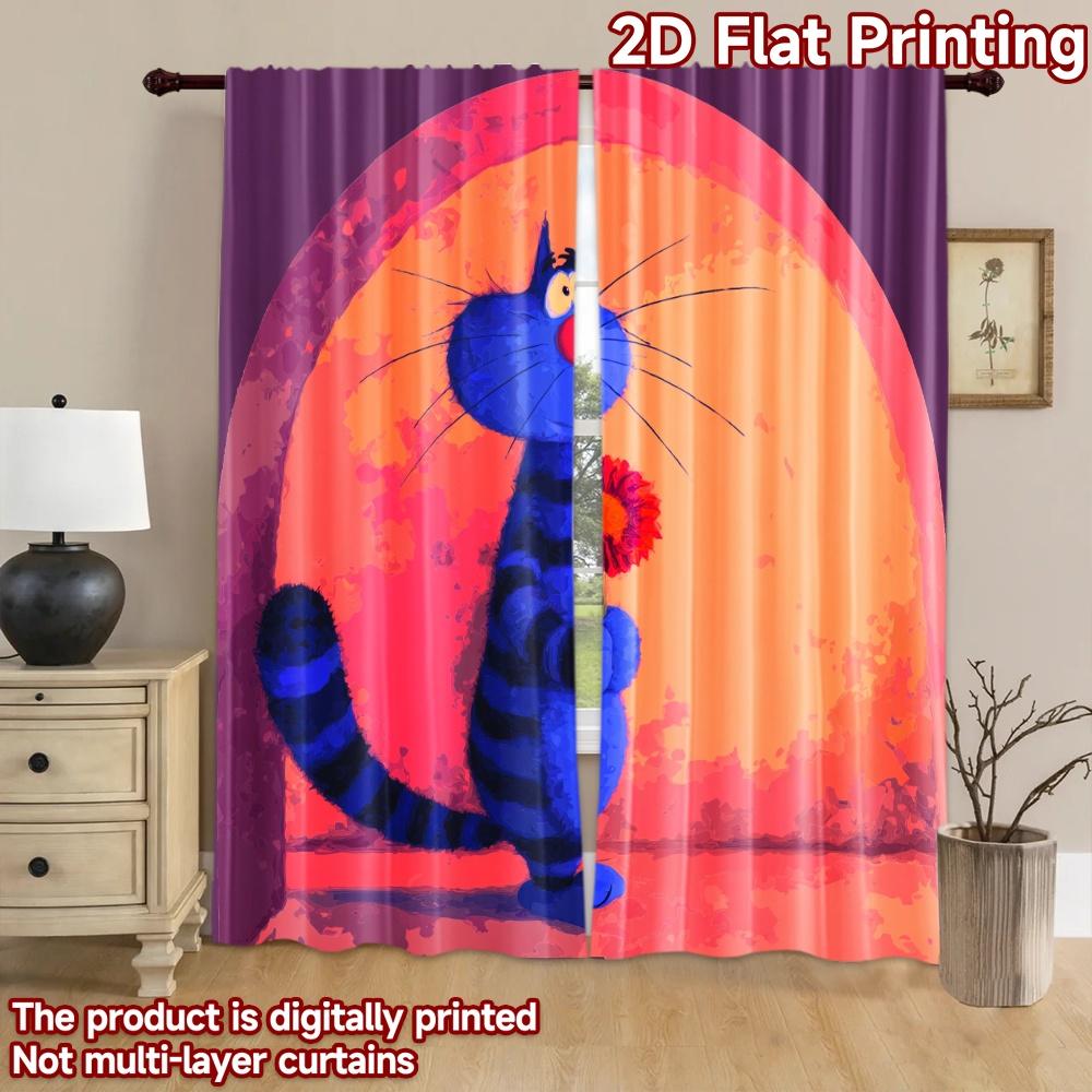 2D flat printing 2pcs Window Curtains Blue Cat Flower Romance Digital Printed Polyester Drapes Seasonal Party & Holiday Decor