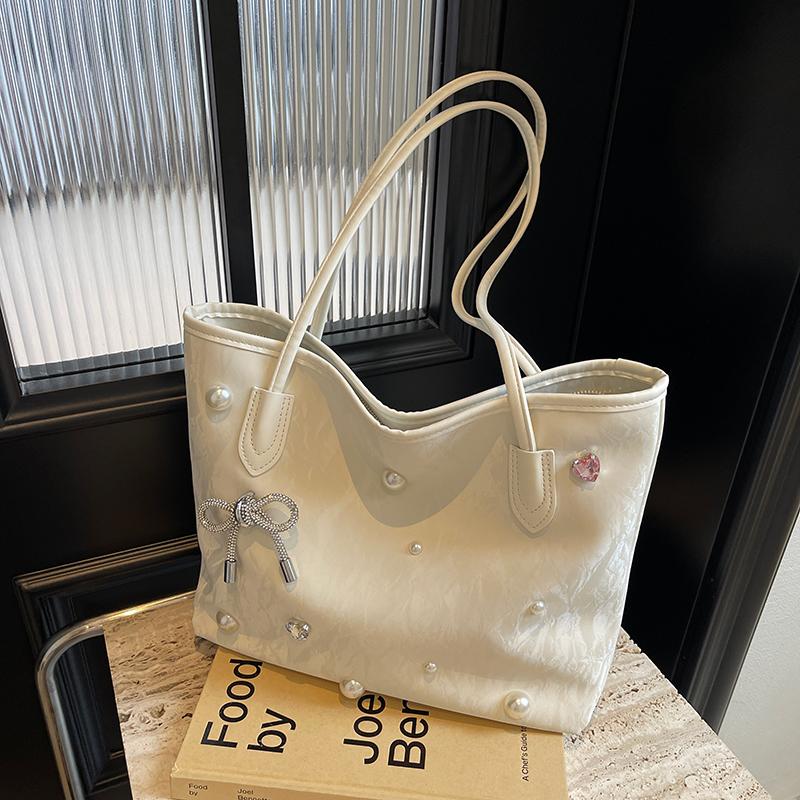 

Pu Leather Large Capacity Women s Handbags Sweet Bow Pearl Decorati Ladies Shoulder Bag Portable Solid Color Female Tote Bag бежевый