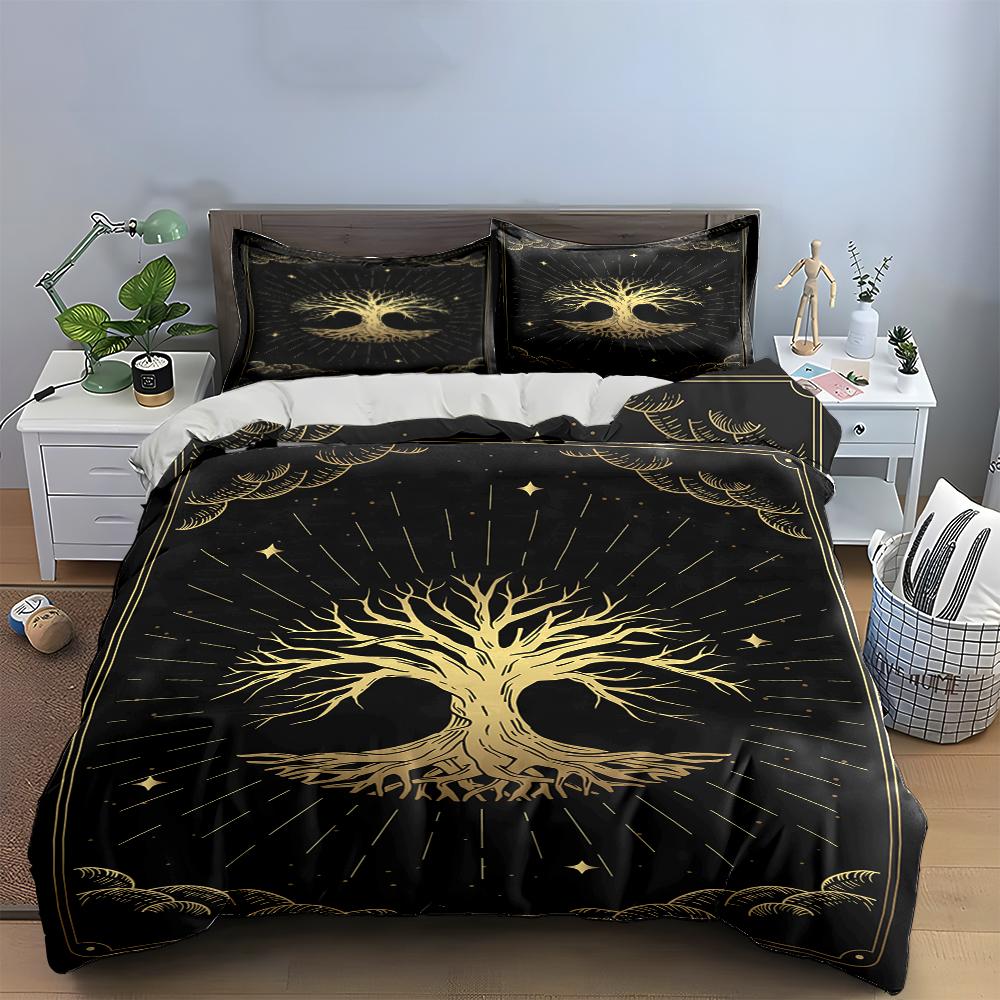 Golden Tree of Life Design Bedding Set Bedding Set (1 Duvet Cover, 2 Pillowcases, Duvet Not Included)