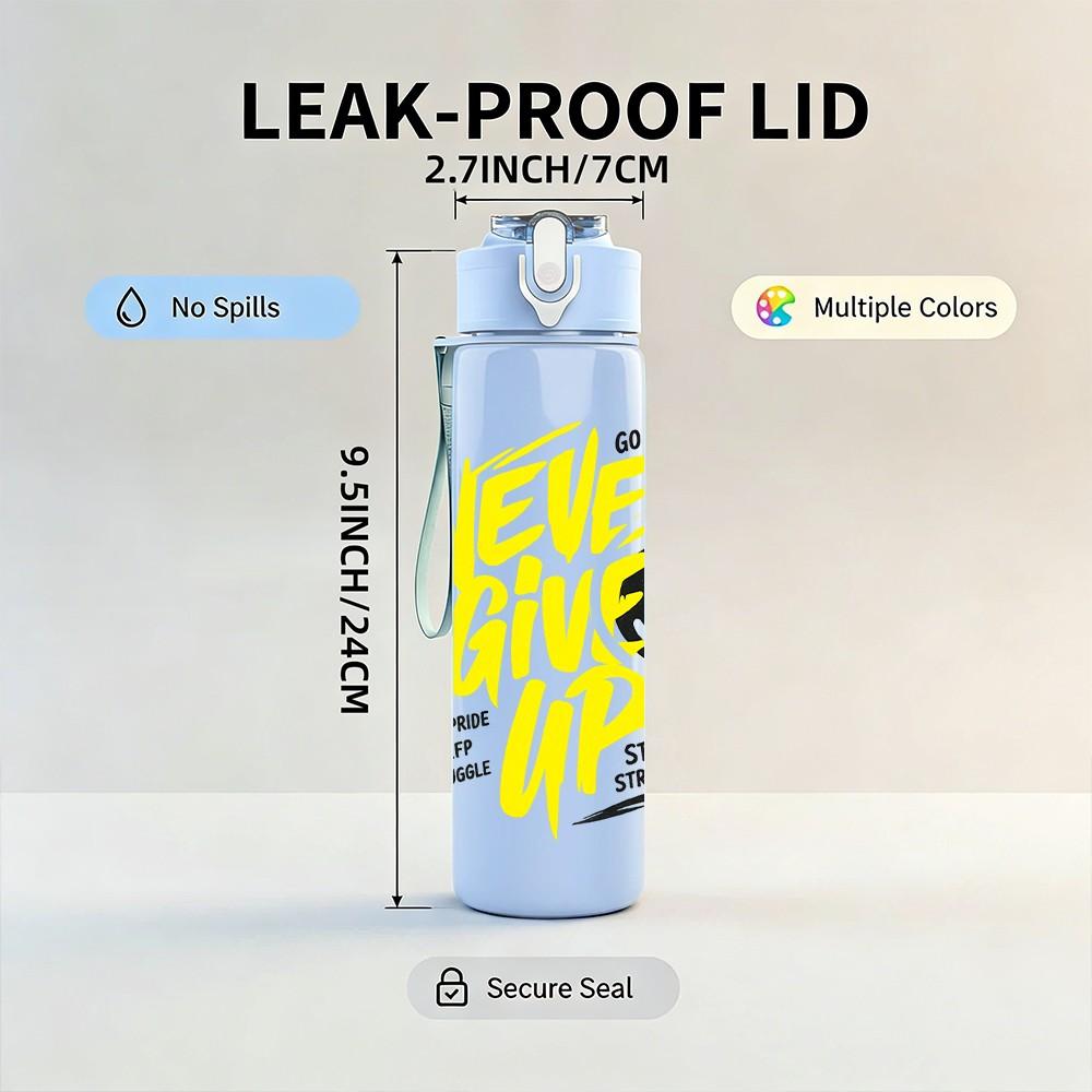 1PC Never Give Up Yellow Slogan Print 750ml Color Plastic Sports Water Bottle Leakproof Flip Straw Lid Suitable for Sports Office Home Use