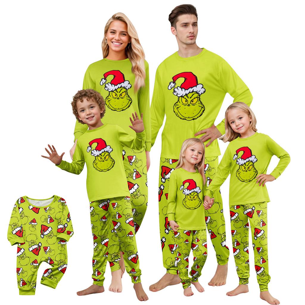 Family Matching Christmas Print Pajama Set Long Sleeve Round Neck Top and Pants Loungewear