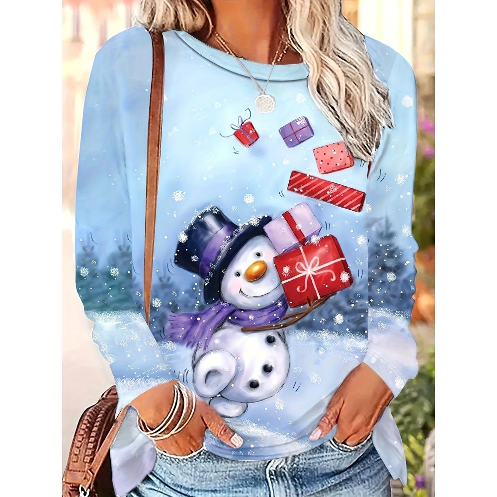 

3D Print Snowman Christmas Theme O-Neck Long Sleeve T-Shirts Womens Clothing Casual Y2K Clothing XXL