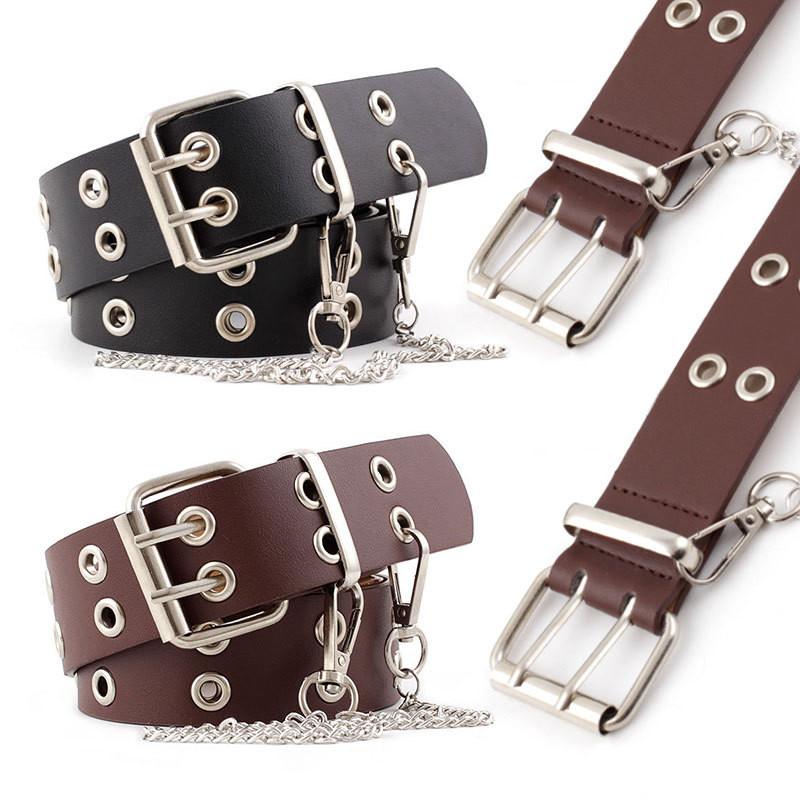 Fashionable Womens Faux Leather Belt With Chic Double Row Eyelets And Chain