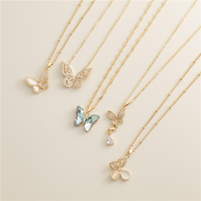 18k Gold Zircon & Diamond Necklace with Mother-of-Pearl Butterfly Pendant