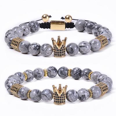 8mm Natural Map Stone Crown Bracelet, Natural Stone Copper Micro Inlaid Zircon Bracelet, Couple's Bracelet, Christmas Gift, Valentine's Day Gift,