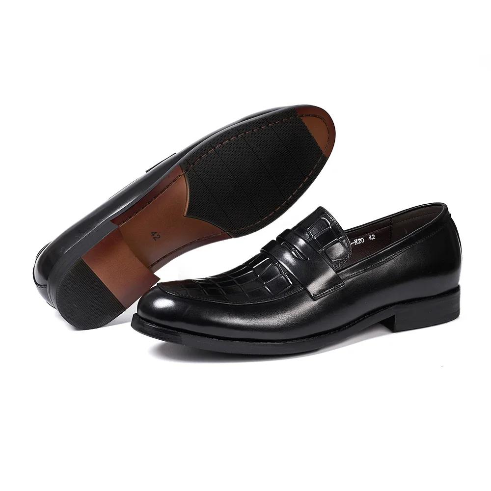 Italian Style Genuine Leather Men's Penny Loafers Crocodile Pattern Flat Casual Shoes Slip-On Office Wedding Dress Shoes