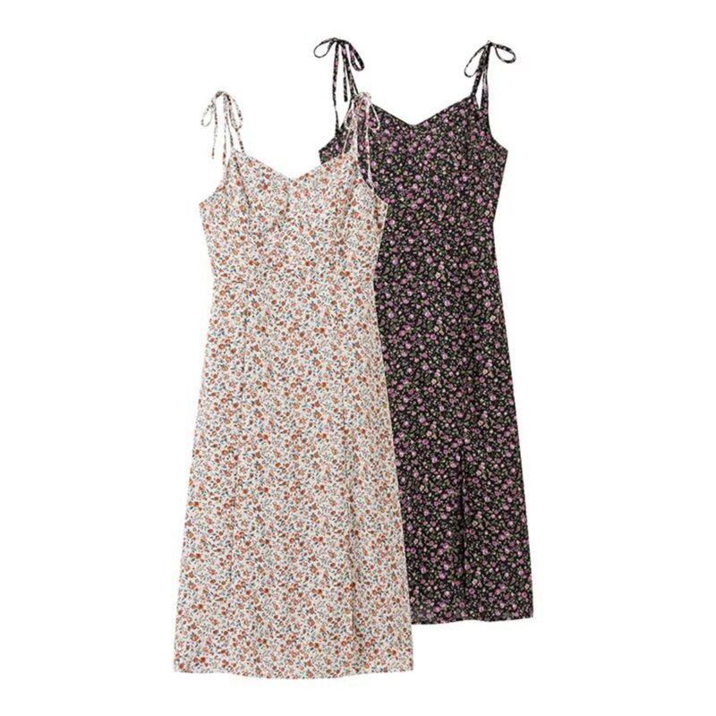 Kaslead New Arrival Women's Clothing Fashion Style Fashion French Simplicity Print Sling Half Slit Dress