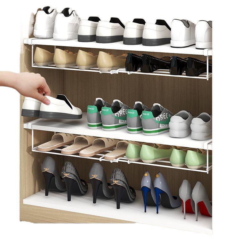 Retractable Shoe Cabinet with Dividers and Foldable Bracket - Space-Saving Storage Rack with Under-Hanging Baskets.