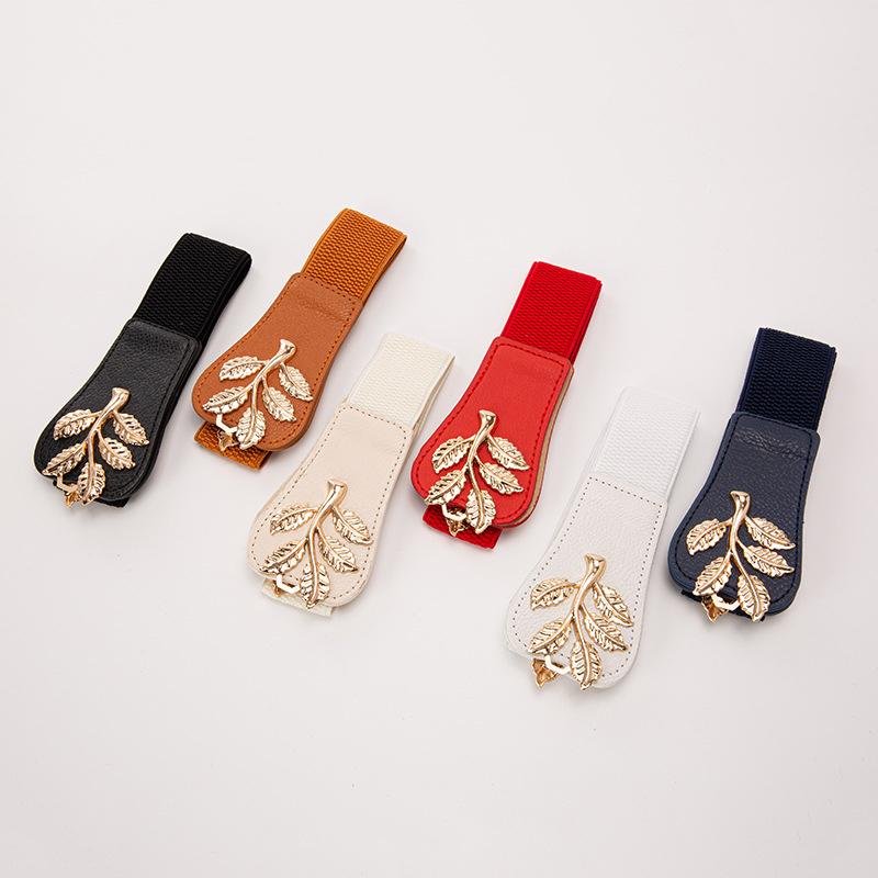 Women'S Elastic Slimming Belt  Retro Metal Leaf Leather Waist Sealing
