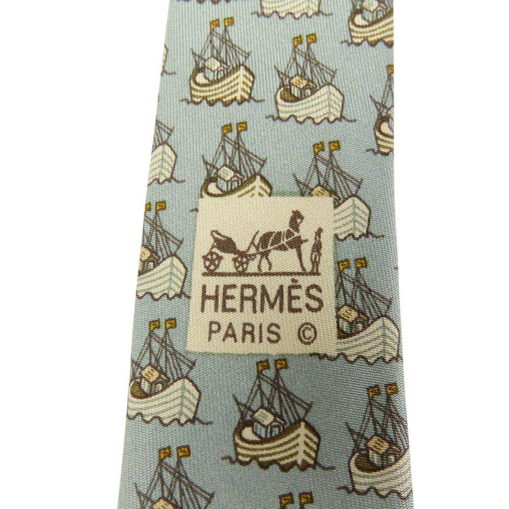Used HERMES Tie Ship Motif Silk Dark Marks Green Business