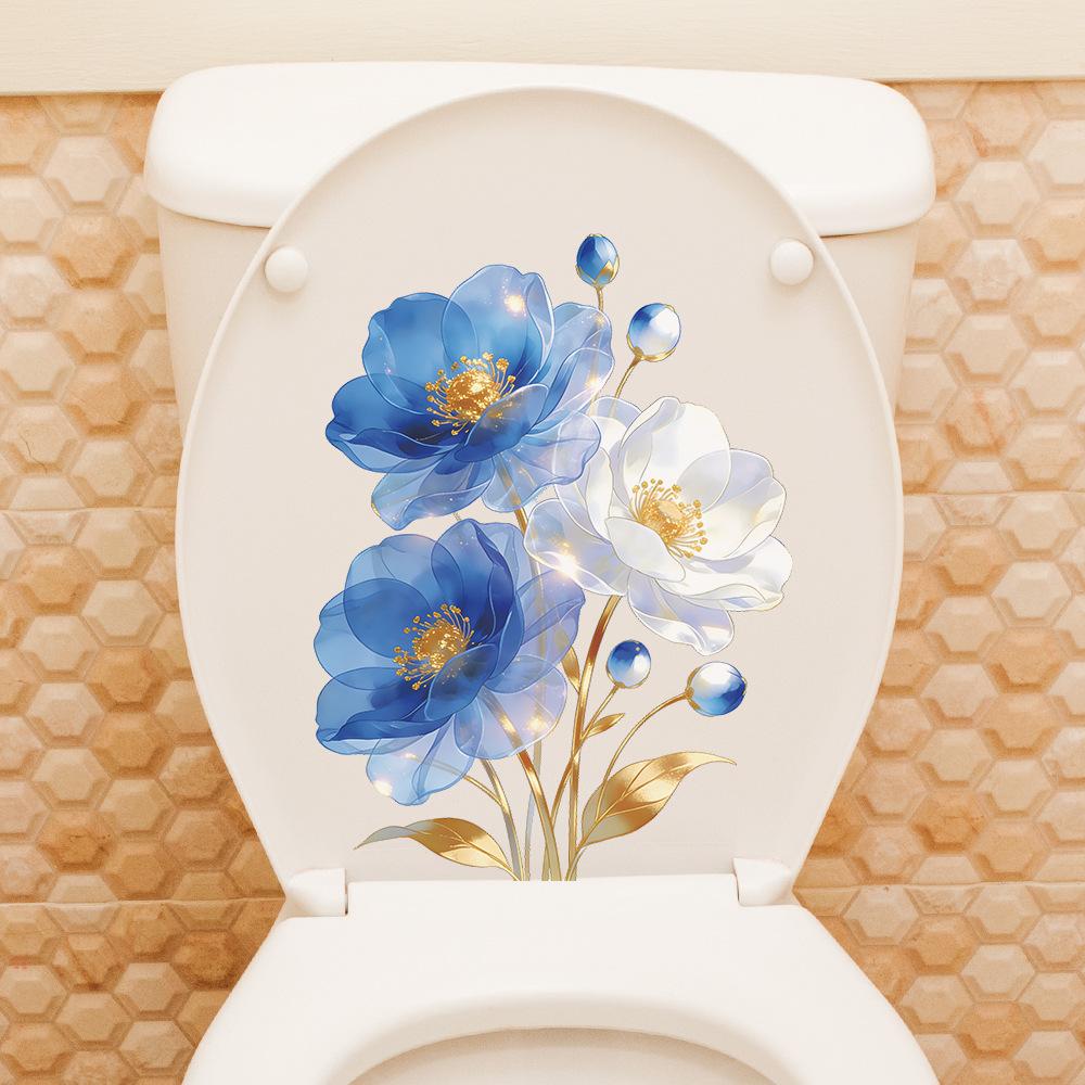 Metallic Blue White Flower Waterproof Self Adhesive Toilet Sticker Bathroom Wall Home Decor