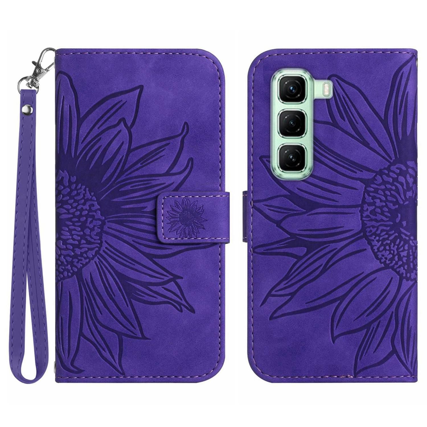 

For Infinix Hot 50 5G Case Sunflower Imprint Leather Wallet Phone Cover with Wrist Strap Dark Purple