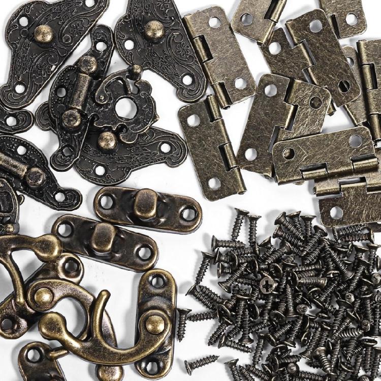Antique Style Cupboard Hardware Set with Installation Screws Miniature Bronze Hinges & Lock Set Upgrades for Woodworking