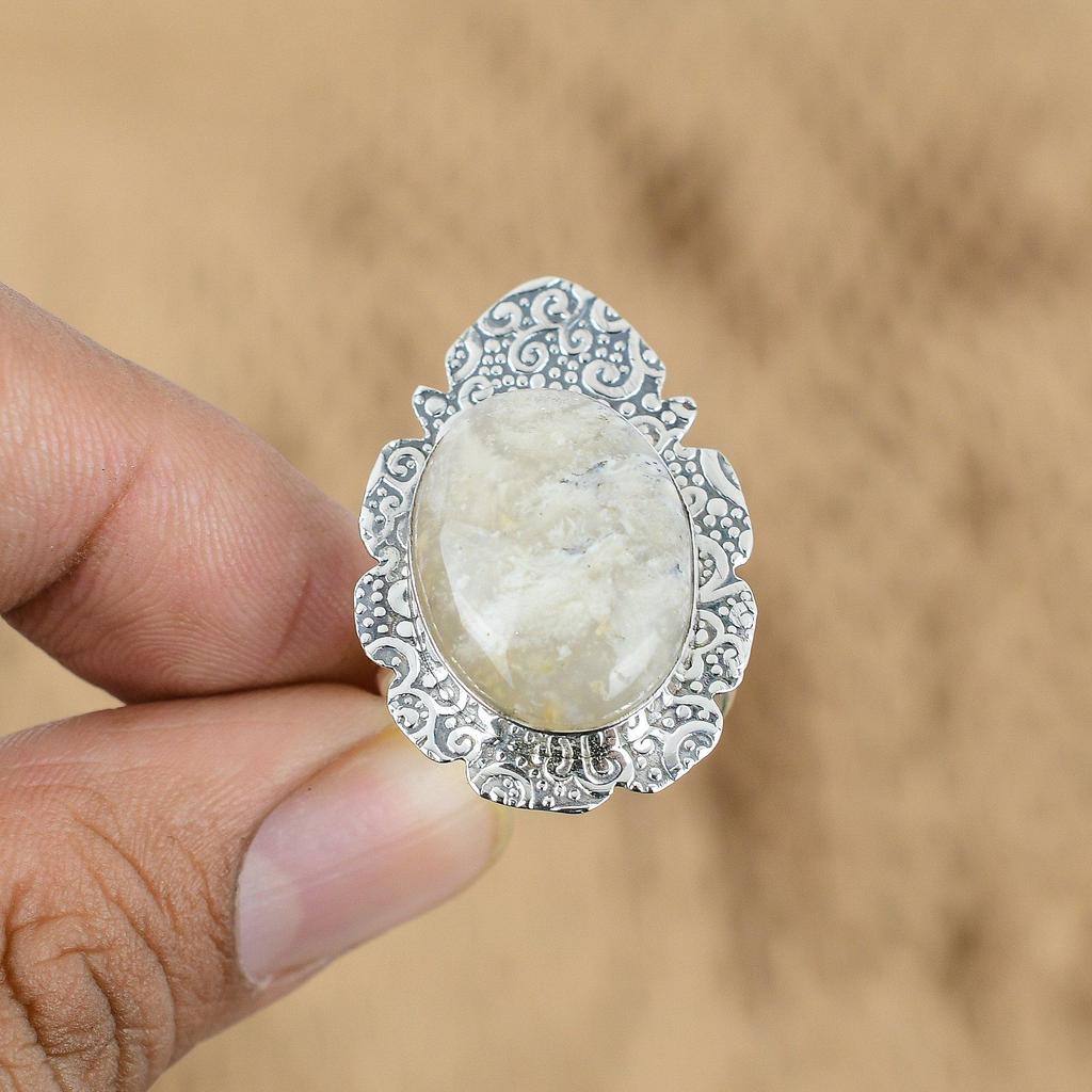 Natural Plume Agate Gemstone Promise Adjustable Ring 925 Silver For Girls