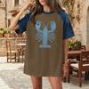Women Casual Denim Patchwork Short Sleeve T Shirt Summer Spring Fashion Comfortable Loose Fit Crew Neck Top with Lobster Print