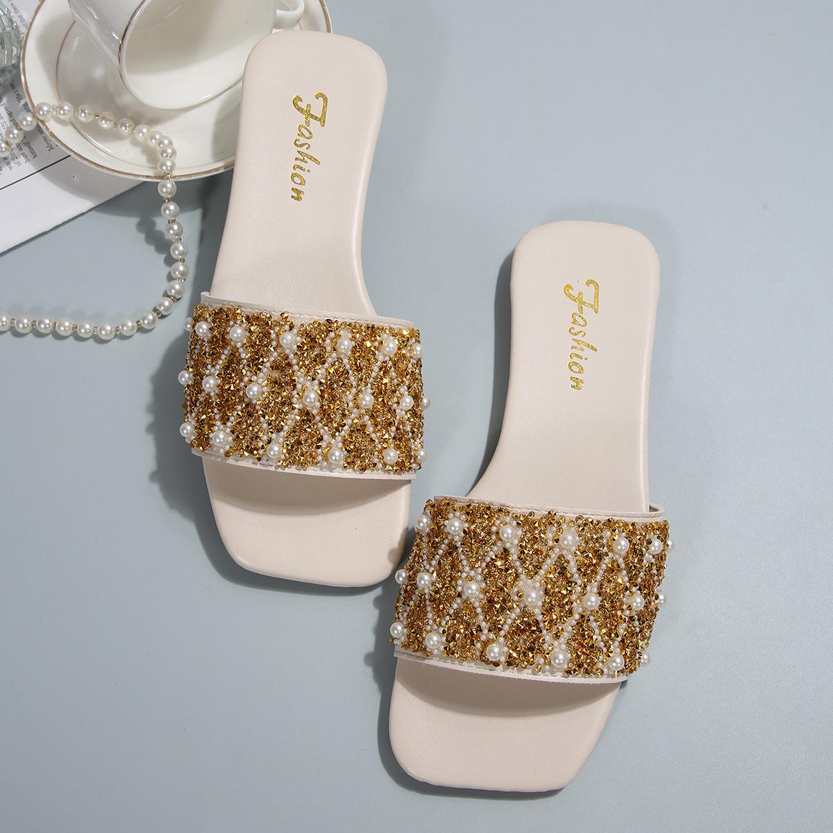 

[Внешняя торговля] Французские шлепанцы с блестками и стразами, женская летняя обувь, шлепанцы на перемычке, сандалии с квадратным носком 43