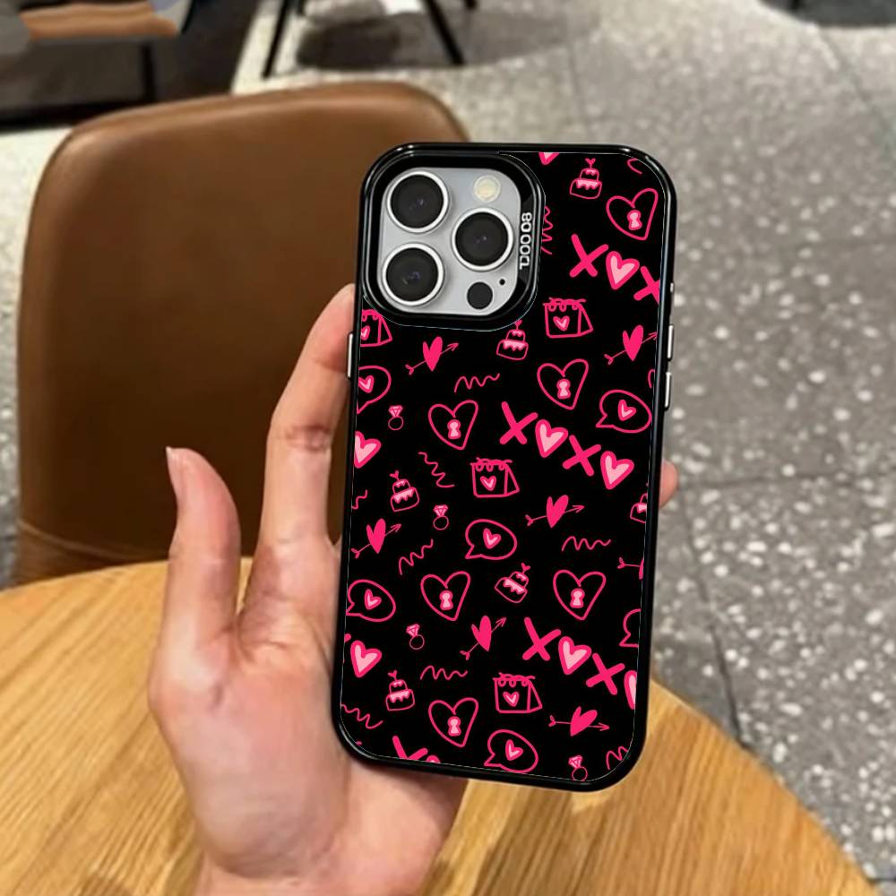 C-Cute P-Pink Love Heart   Phone Case For iPhone17,16,15,14,13,12,11 Plus,Pro Max Colored Silver Plated Inside Cover