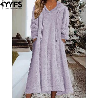 Moda donna primavera autunno tinta unita stampa manica lunga con cappuccio vita larga abiti casual