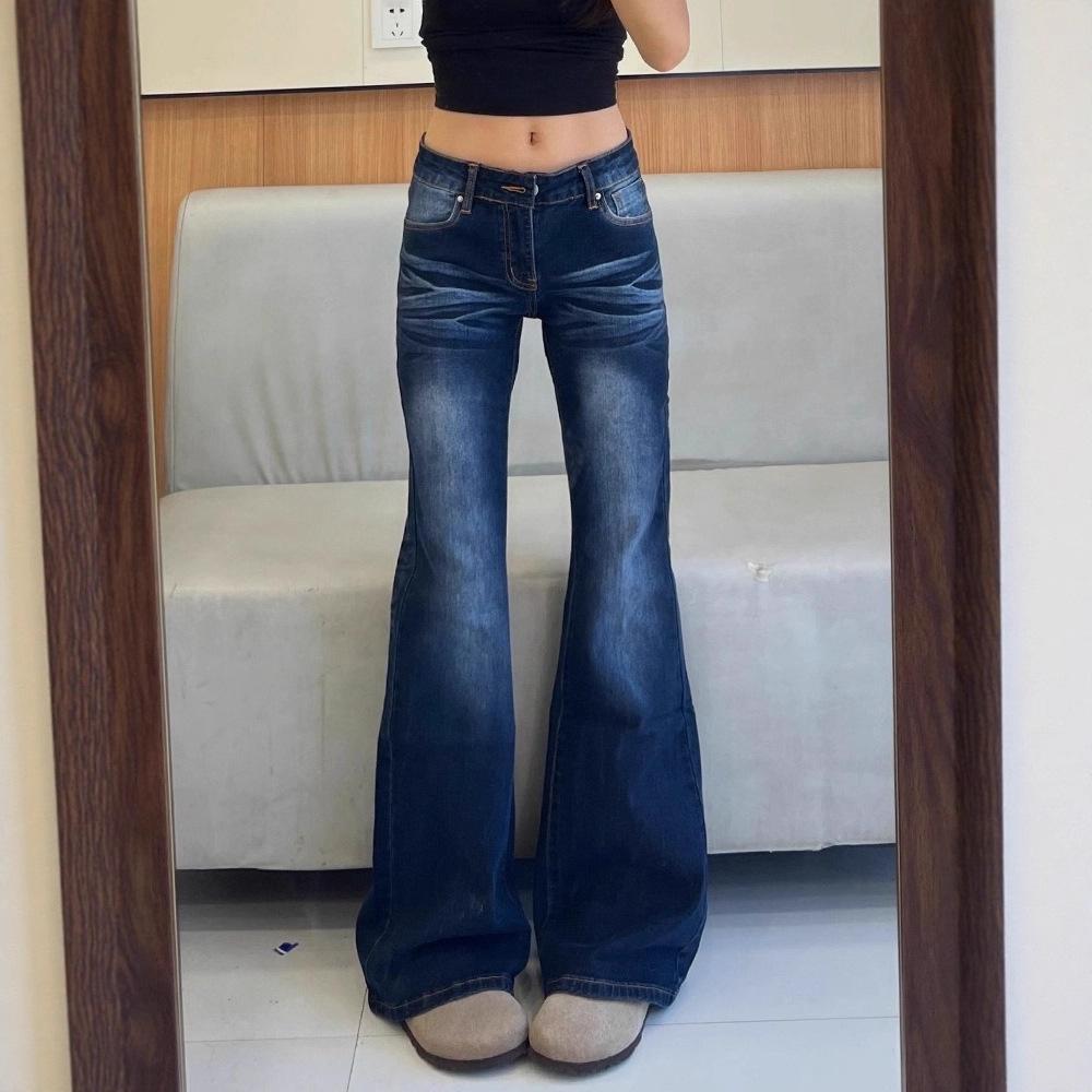 Plus Size Retro American High Waist Micro Flare Jeans for Women - Spring/Autumn Loose Slimming Straight Wide Leg Floor-Length Pants