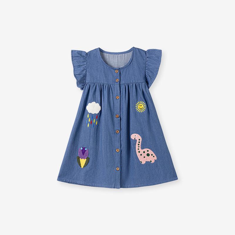 

Little Maven Girls Cartoon Appliqué Denim Dress - Short Sleeve Summer Style 90cm