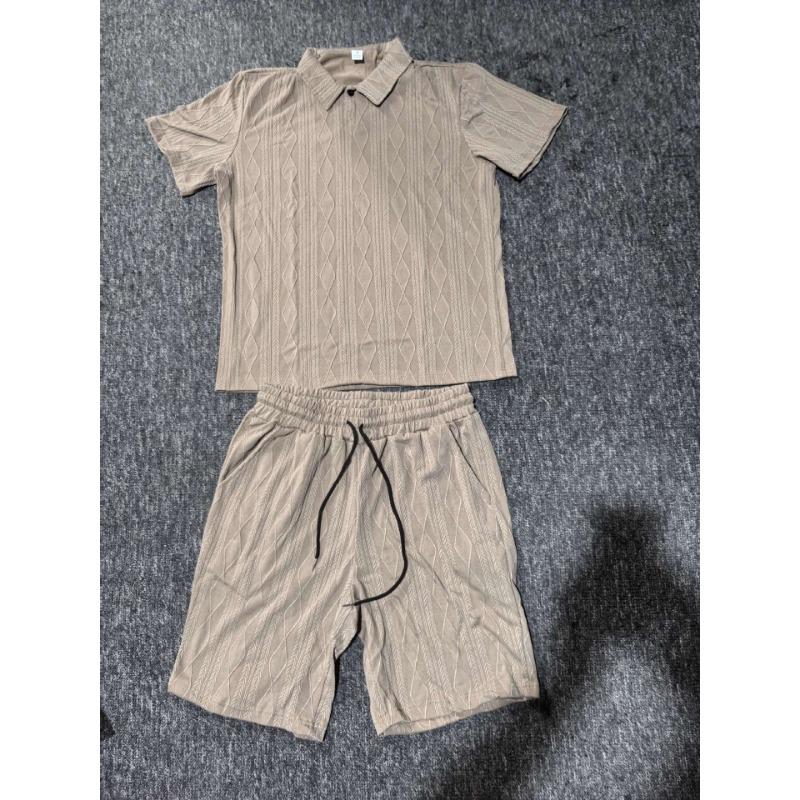 Men Casual Summer Turn Down Collar Short Sleeve Jacquard Polo Shirt And Shorts Set