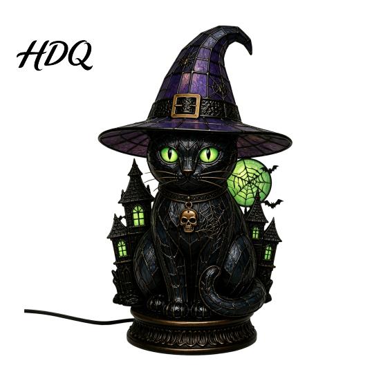 Transparent Gemstone Table Light Black Cat Witch Hat Lamp with Dreamy Purple Light Eye Protection Lamp Gothic Retro Halloween Ornament for Bedroom