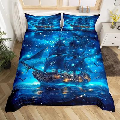 Segelboot Bettwäscheset Segelschiff Bettdeckenbezug Ozeanwelle Nautischer Bettbezug für Kinder Jungen Mädchen Cartoon Schiff