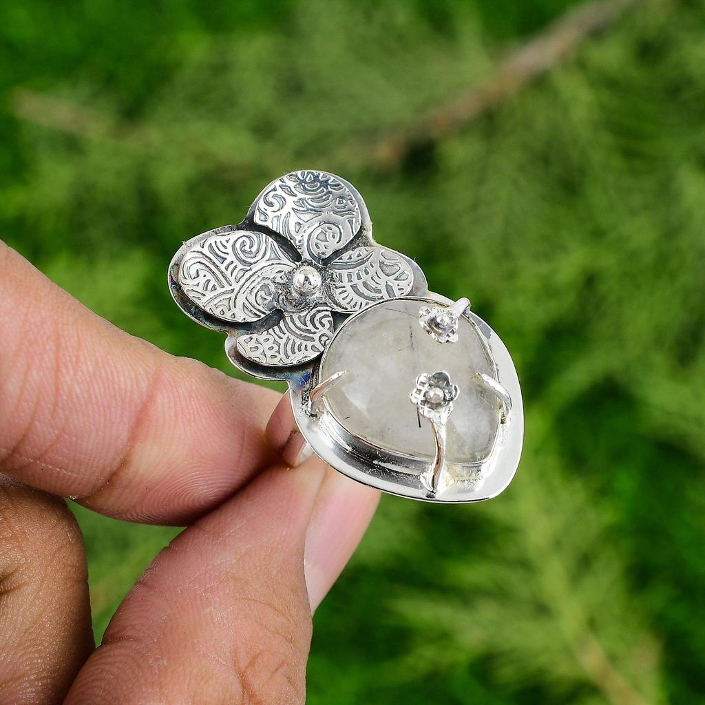 Sterling Silver Pear Black Rutilated Quartz Gemstone Flower Promise Ring Jewelry