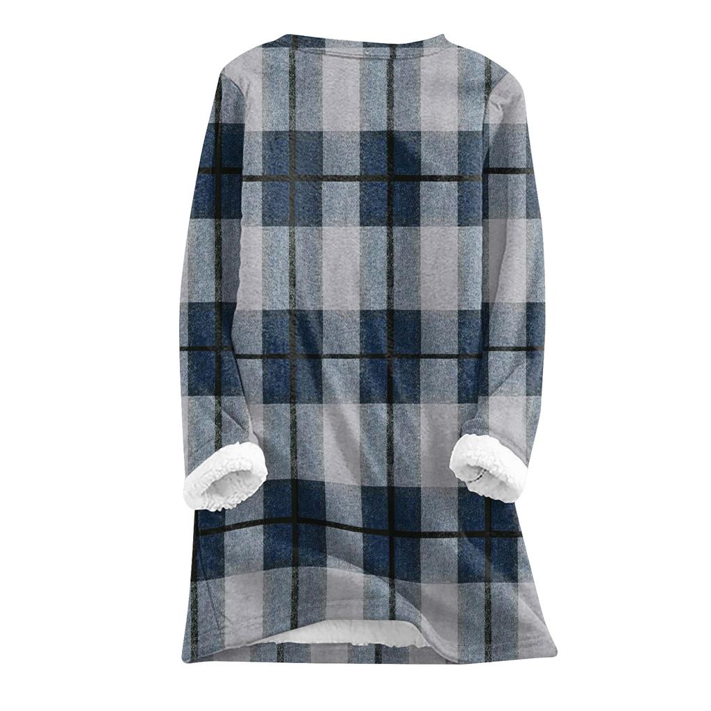 Dámský módní kostkovaný potisk kulatý výstřih dlouhý rukáv plyšový zimní hřejivý pulovr top