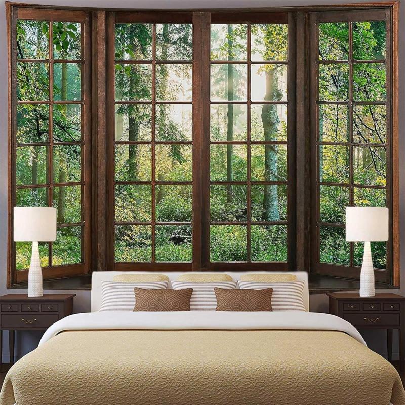 1 Stück, 2D flach, Grüner Wald Natürliche Fensterlandschaft Wandteppich Banner, für Zimmer, Universitätswohnheim Wanddekoration, wsj