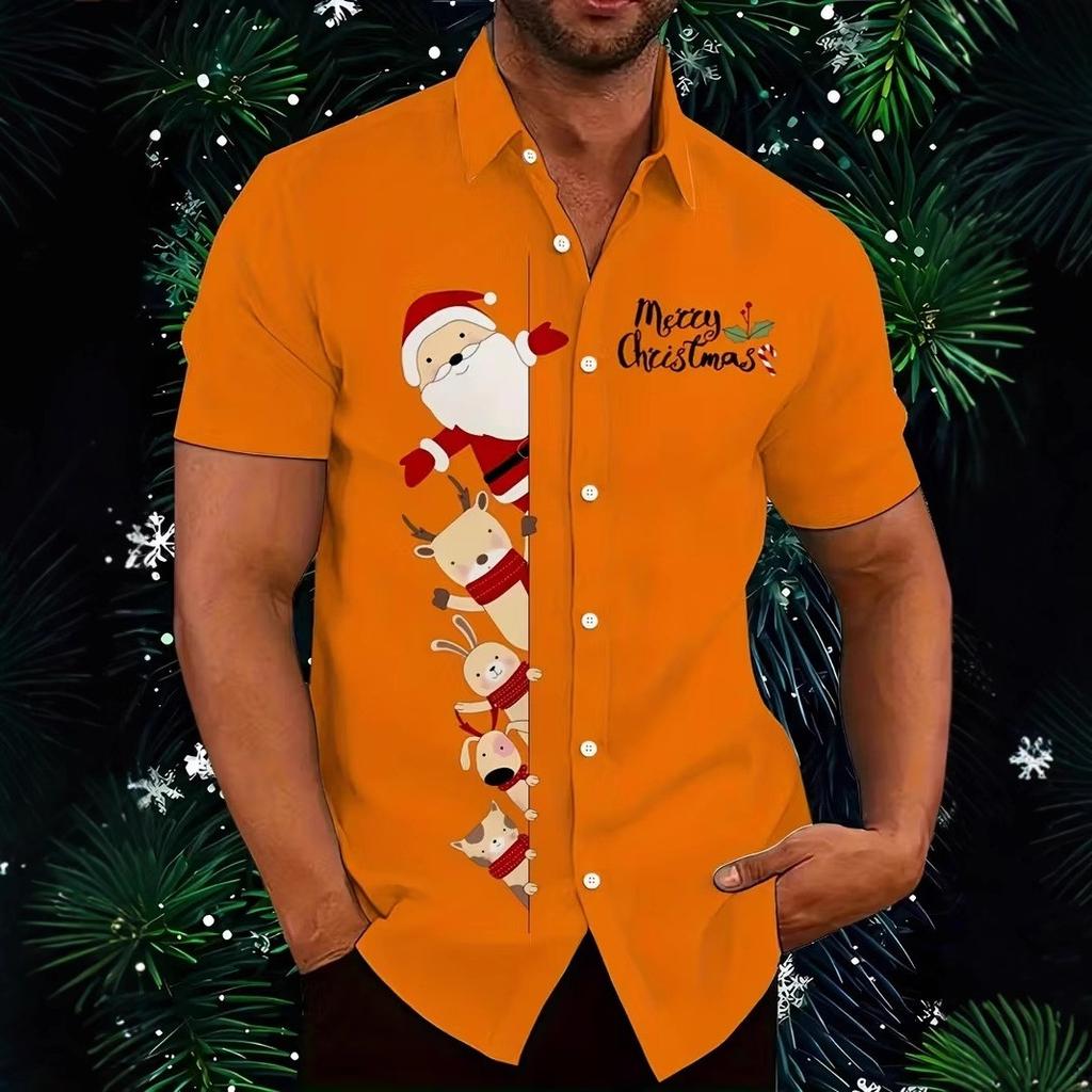 Autumn and Winter Men's Short Sleeved Shirt New Year's Christmas Pattern Digital Printed Shirt Top Men's Casual Shirt