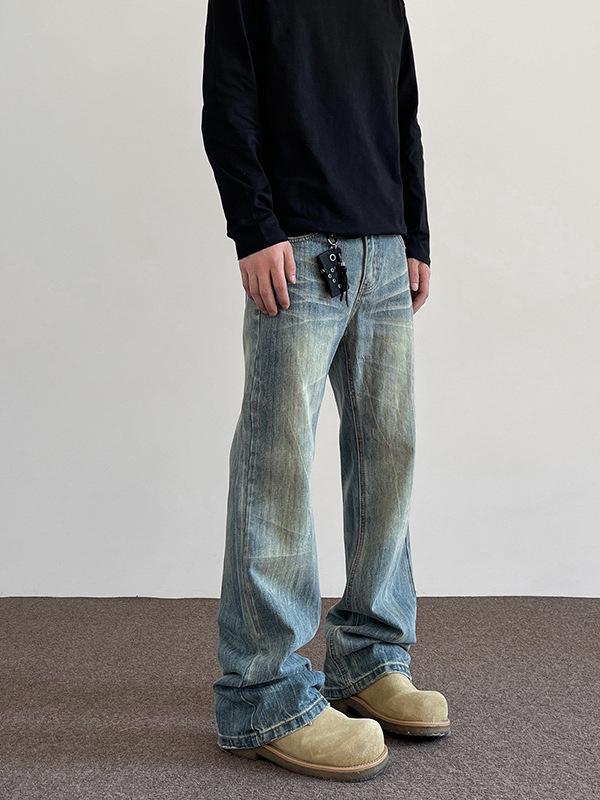 Men's Retro Distressed Jeans: Bamboo Texture, Slight Flare, Loose Fit Casual Pants