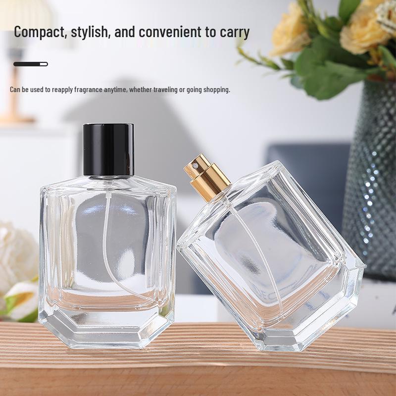 Flat Transparent Bayonet-Press Glass Perfume Bottle with Lid - Portable and Simple Spray Decanting Bottle
