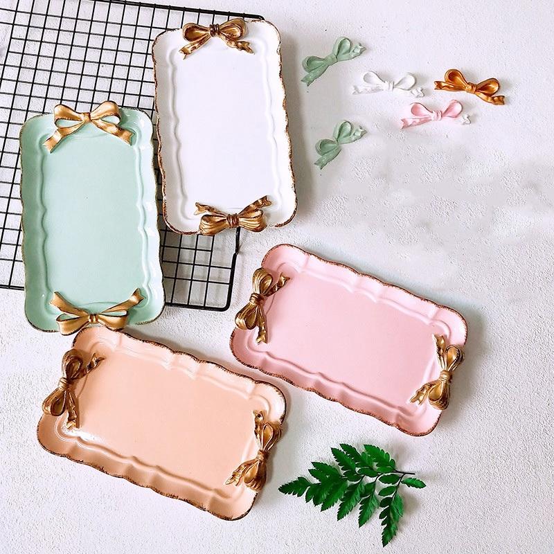 Promotion! European Style Pink Bow Cake Storage Trays Makeup Organizer Dessert Plate Square Decor Tray Kitchen Storage Trays