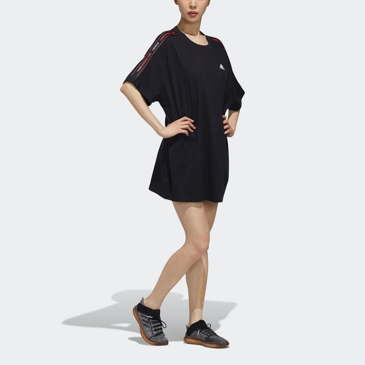 Adidas Casual Sport Short Sleeve Dress With Stripe Tape Decoration Women Dress Black FJ6884