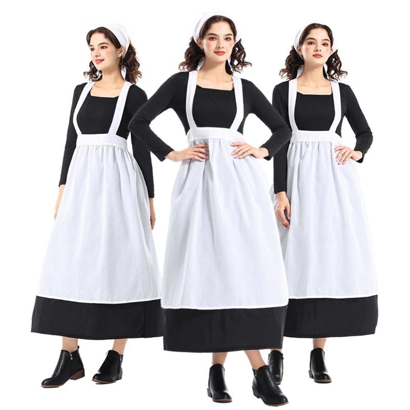 Halloween Maid Costume Set Includes French Maid Apron Maid Dress and Headscarf Set for Women, Kitchen Cooking Apron
