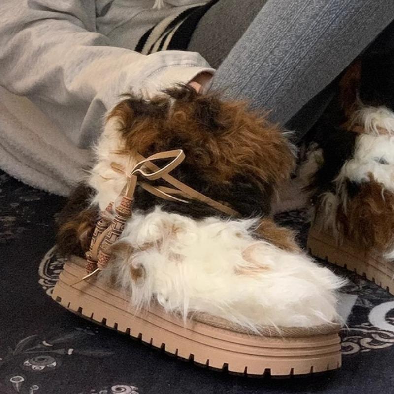 Fashion Bow Bead Fur Platform Women Ankle Snow Boots Flats Plush Cotton Shoes Woman Brand Winter New Trend Warm Casual Shoes Botas Mujer