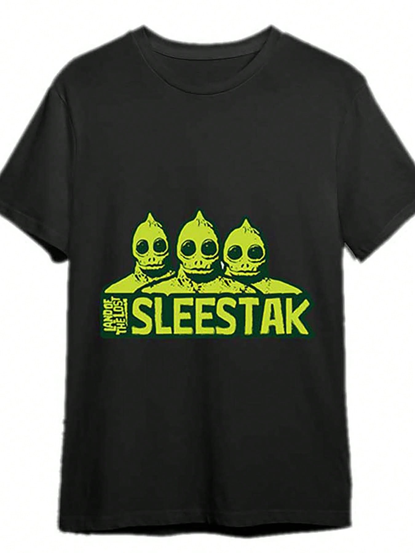 Sleestak Land of The Lost Mens Graphic TShirt  Black Short Sleeve Casual Tee with Neon Green Skull Design Regular Fit S